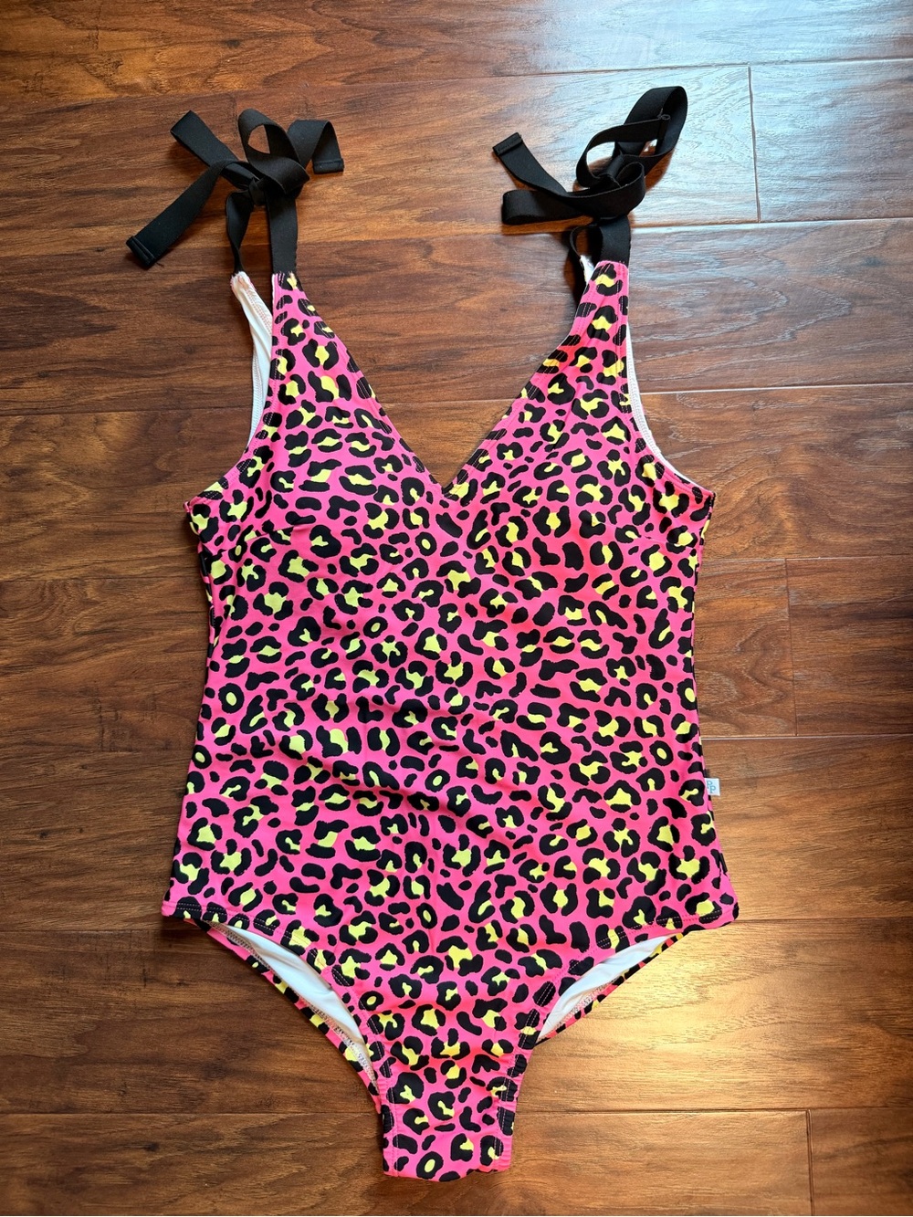 Women’s Posh Peanut Pink Leopard Print One-Piece Swimsuit with Black Tie Straps